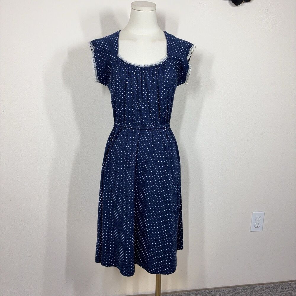Vintage Polka Dot Dress Womens Small Blue Fit Flare Casual Boho Cottage 70s 80s